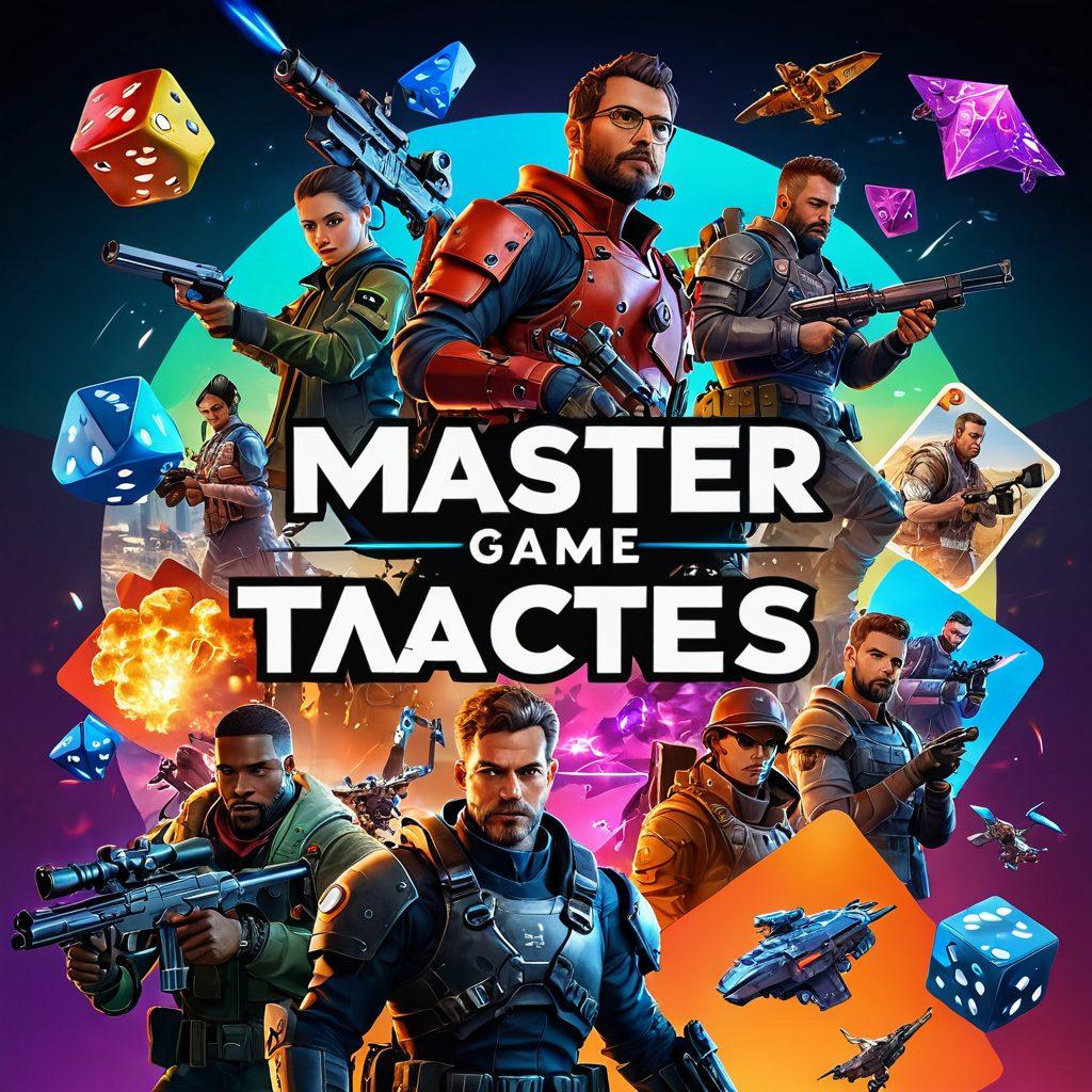 A dynamic collage of various gaming genres like strategy, role-playing, and first-person shooters, showcasing diverse characters planning tactics in a colorful gaming environment. Include elements like virtual maps, dice, game controllers, and tactical boards to emphasize strategic gameplay. Add a glowing title 'Master Game Tactics' floating above the scene. super-realistic. vibrant colors. 3D.