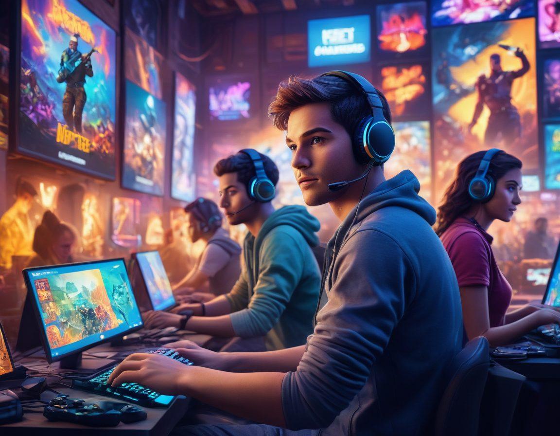 A vibrant gaming scene featuring diverse players of various backgrounds engaging in multiplayer games on their computers and consoles, surrounded by colorful gaming posters and merchandise. Include dynamic expressions on their faces, glowing screens displaying iconic game characters, and virtual trophies in the background. The atmosphere should feel immersive and exciting, highlighting camaraderie and passion for gaming. dynamic lighting. vibrant colors. 3D.